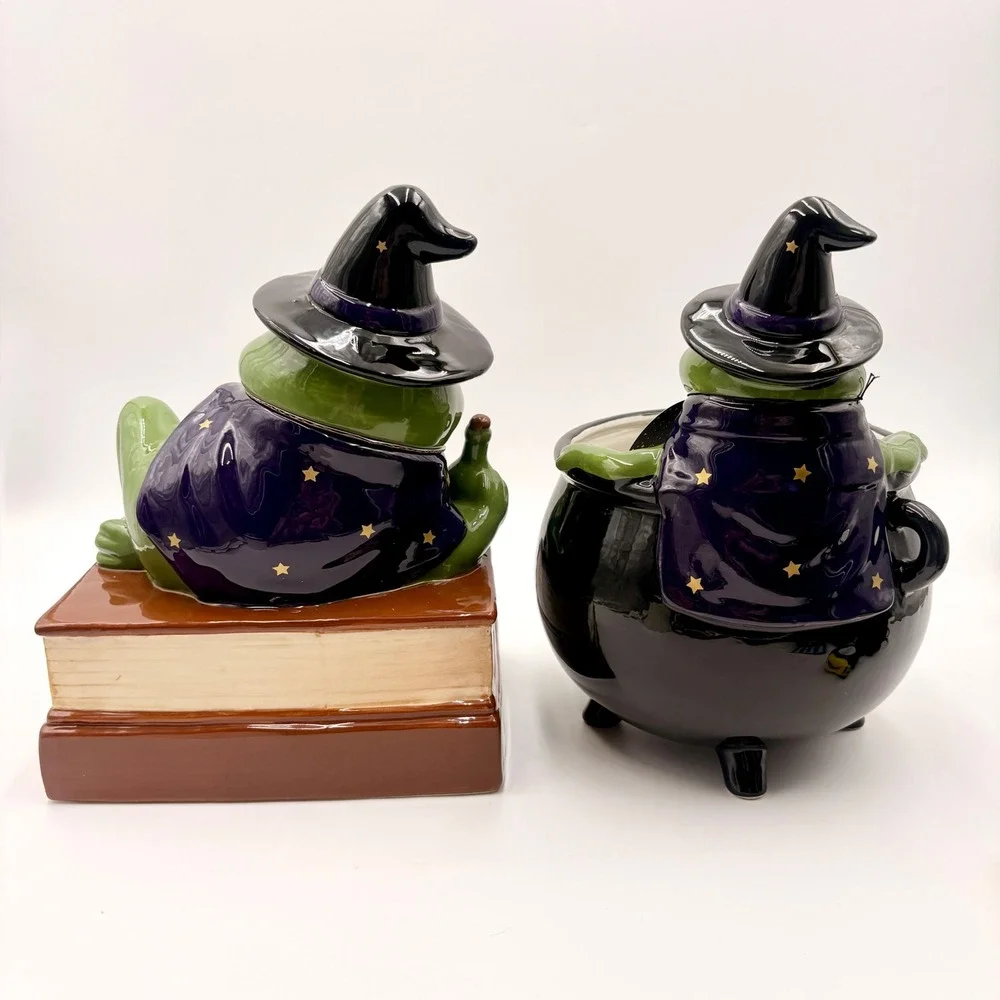 Haunted Halloween Ceramic Witch Frog Cookie Jar and Cauldron Candy Dish Set NEW